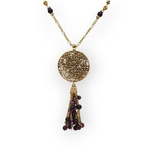 Filigree Medallion Tassel Necklace with Burgundy Beads – Long Bohemian Gothic